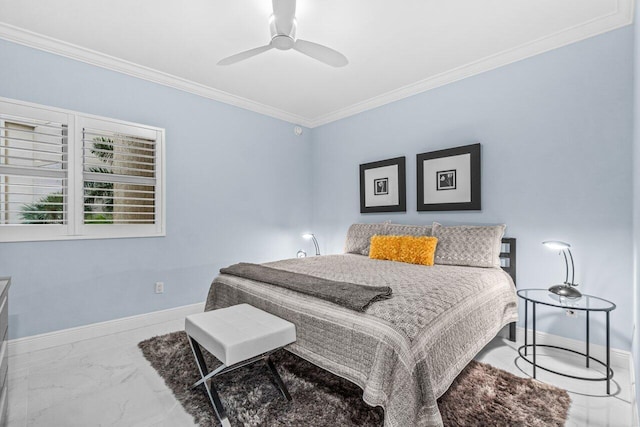2650 Lake Shore Dr Unit 406, Riviera Beach, FL 33404 - bedroom featuring ornamental molding, ceiling fan, and marble finish floors
