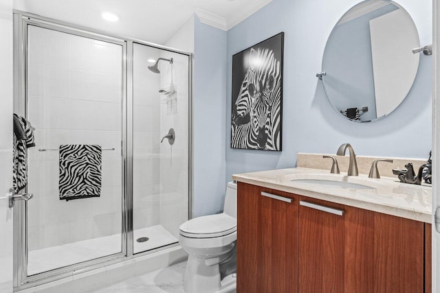 2650 Lake Shore Dr Unit 406, Riviera Beach, FL 33404 - full bath with vanity, a stall shower, ornamental molding, and recessed lighting