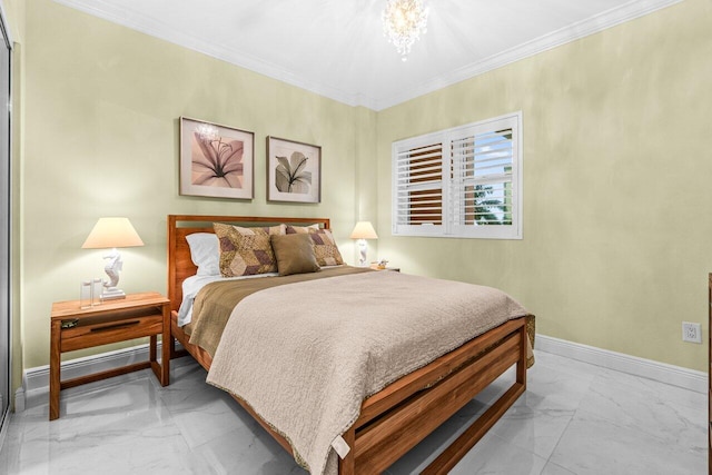 2650 Lake Shore Dr Unit 406, Riviera Beach, FL 33404 - bedroom with light marble finish floors, crown molding, and a chandelier