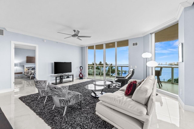 2650 Lake Shore Dr Unit 406, Riviera Beach, FL 33404 - living room featuring ornamental molding, expansive windows, and ceiling fan