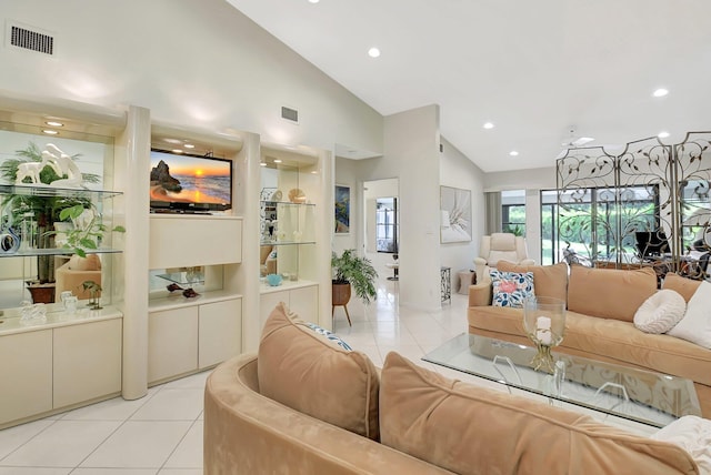 5319 Palmetto Palm Ct Unit A, Boynton Beach, FL 33437 - living area featuring light tile patterned floors, high vaulted ceiling, and recessed lighting