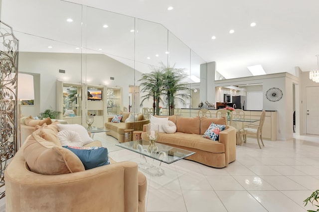 5319 Palmetto Palm Ct Unit A, Boynton Beach, FL 33437 - living area featuring a chandelier, light tile patterned floors, recessed lighting, and high vaulted ceiling