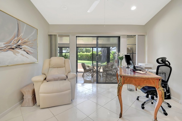 5319 Palmetto Palm Ct Unit A, Boynton Beach, FL 33437 - office area with a ceiling fan, light tile patterned flooring, and recessed lighting