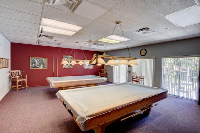 5319 Palmetto Palm Ct Unit A, Boynton Beach, FL 33437 - game room with carpet flooring, billiards table, a drop ceiling, and ceiling fan