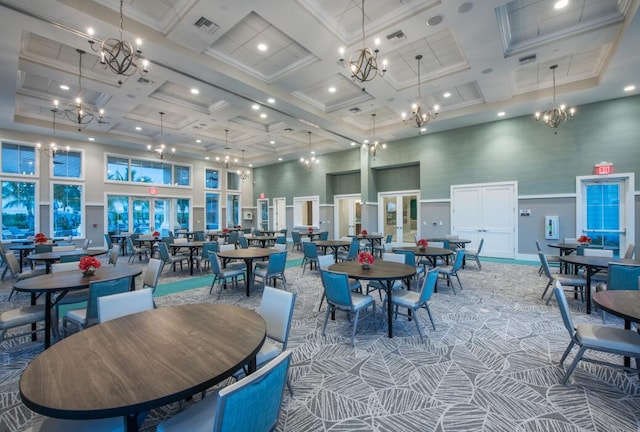 12755 SW Cattleya Ln Unit 224, Port Saint Lucie, FL 34987 - carpeted dining space featuring a towering ceiling, coffered ceiling, a chandelier, baseboards, and beam ceiling