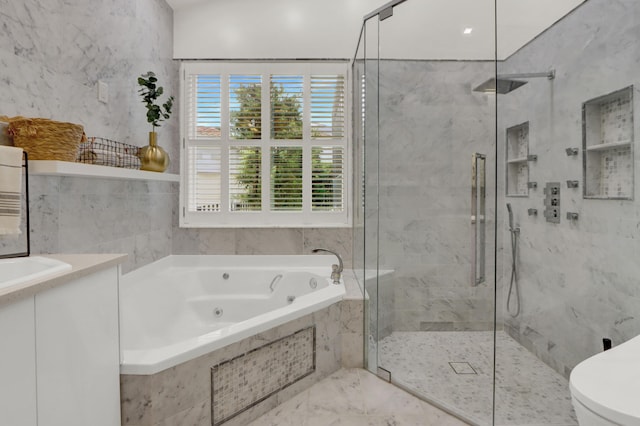 4220 NW 58th Ln, Boca Raton, FL 33496 - bathroom featuring a whirlpool tub, a marble finish shower, and vanity