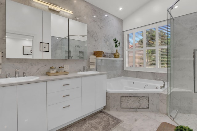 4220 NW 58th Ln, Boca Raton, FL 33496 - bathroom featuring a marble finish shower, a garden tub, double vanity, and marble tiled flooring