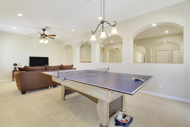 5621 SW Longspur Ln, Palm City, FL 34990 - recreation room featuring light carpet, ceiling fan, recessed lighting, and baseboards
