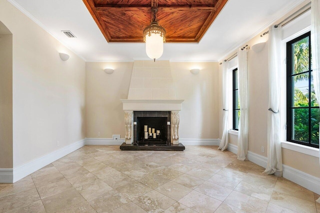 25 Harbor Dr, Lake Worth Beach, FL 33460 - unfurnished living room with baseboards, a fireplace, ornamental molding, and arched walkways