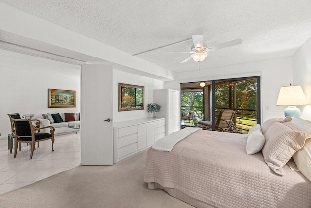 5380 Cedar Lake Dr Unit 303, Boynton Beach, FL 33437 - bedroom featuring access to outside, a textured ceiling, light carpet, and ceiling fan