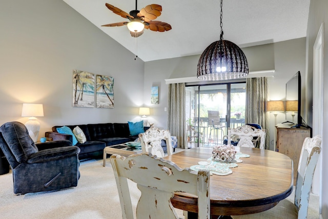 5725 Pelican Pointe Dr Unit 4, Sebastian, FL 32958 - carpeted dining space with a ceiling fan and high vaulted ceiling