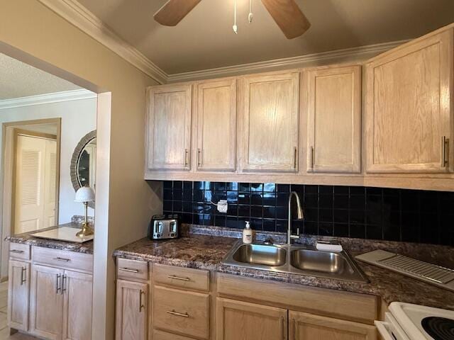 368 Sheffield O, West Palm Beach, FL 33417 - kitchen with light brown cabinetry, ornamental molding, a ceiling fan, tasteful backsplash, and white stove