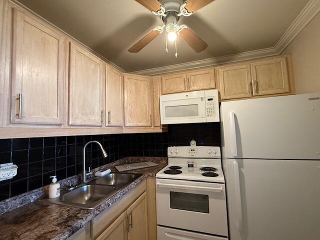 368 Sheffield O, West Palm Beach, FL 33417 - kitchen with white appliances, light brown cabinetry, backsplash, and crown molding