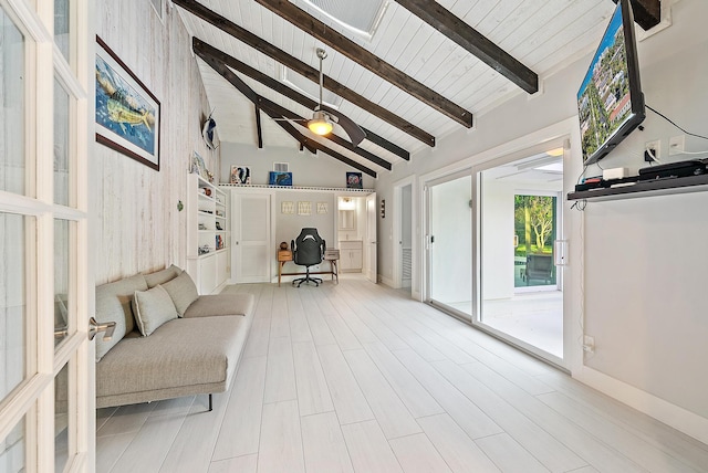 19960 Earlwood Dr, Jupiter, FL 33458 - living room featuring a wood ceiling with exposed beams, a ceiling fan, high vaulted ceiling, and french doors