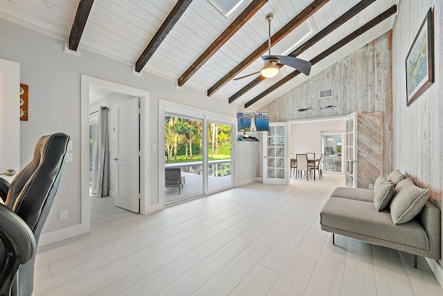 19960 Earlwood Dr, Jupiter, FL 33458 - living area with a ceiling fan, a wooden ceiling with exposed beams, high vaulted ceiling, and wood walls