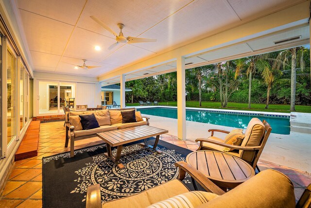 19960 Earlwood Dr, Jupiter, FL 33458 - swimming pool featuring outdoor lounge area, ceiling fan, and a patio