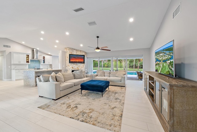 19960 Earlwood Dr, Jupiter, FL 33458 - living room featuring a ceiling fan, high vaulted ceiling, and recessed lighting