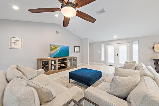 19960 Earlwood Dr, Jupiter, FL 33458 - living area with french doors, recessed lighting, light wood-type flooring, vaulted ceiling, and ceiling fan
