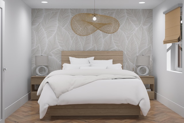 227 Greymon Dr, West Palm Beach, FL 33405 - bedroom with an accent wall, wallpapered walls, baseboards, and recessed lighting