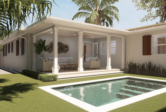 227 Greymon Dr, West Palm Beach, FL 33405 - swimming pool with an outdoor hangout area, a ceiling fan, a patio area, and a yard