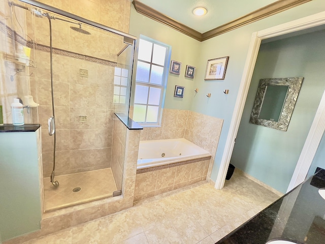 8300 NW 9th Ave, Boca Raton, FL 33487 - bathroom featuring a whirlpool tub, a stall shower, crown molding, and tile patterned floors