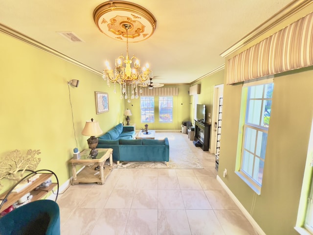 8300 NW 9th Ave, Boca Raton, FL 33487 - living area featuring ornamental molding, a chandelier, light tile patterned floors, and baseboards