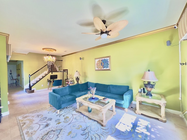 8300 NW 9th Ave, Boca Raton, FL 33487 - living area with crown molding, stairs, a chandelier, baseboards, and a ceiling fan