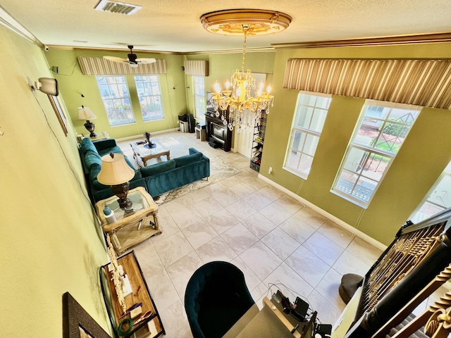 8300 NW 9th Ave, Boca Raton, FL 33487 - living area with ornamental molding, a chandelier, baseboards, ceiling fan, and a textured ceiling