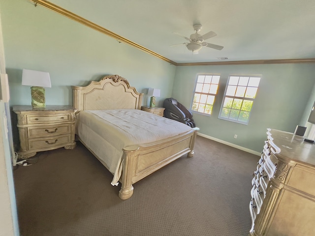 8300 NW 9th Ave, Boca Raton, FL 33487 - bedroom featuring ornamental molding, dark carpet, baseboards, and a ceiling fan