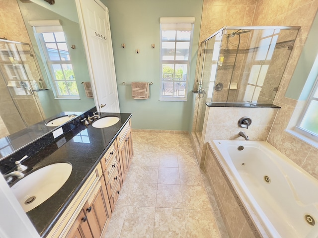 8300 NW 9th Ave, Boca Raton, FL 33487 - full bath featuring a stall shower, double vanity, a jetted tub, and plenty of natural light