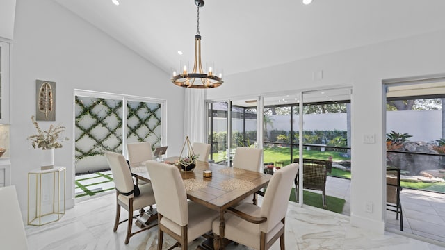 21415 Campo Allegro Dr, Boca Raton, FL 33433 - dining room featuring high vaulted ceiling, light marble finish flooring, a chandelier, and recessed lighting