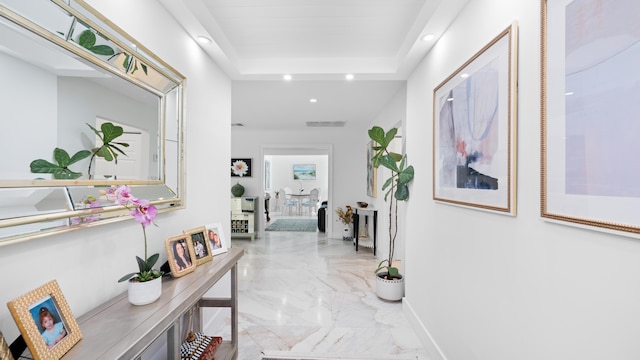 21415 Campo Allegro Dr, Boca Raton, FL 33433 - hallway with recessed lighting, marble tiled floors, baseboards, and a raised ceiling