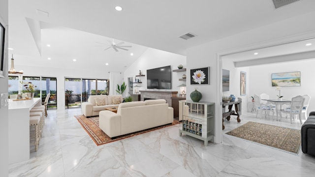 21415 Campo Allegro Dr, Boca Raton, FL 33433 - living room with light marble finish flooring, recessed lighting, a ceiling fan, and high vaulted ceiling