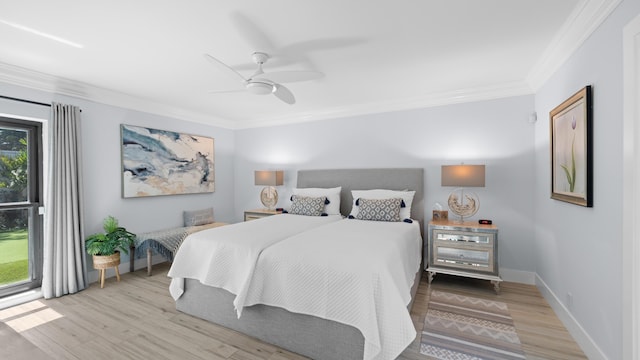 21415 Campo Allegro Dr, Boca Raton, FL 33433 - bedroom with wood finished floors, crown molding, ceiling fan, and baseboards