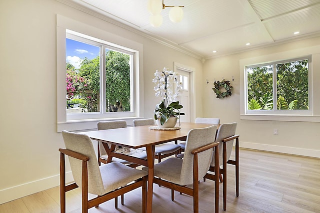 1630 N Ocean Breeze, Lake Worth Beach, FL 33460 - dining space with a chandelier, ornamental molding, light wood finished floors, and recessed lighting