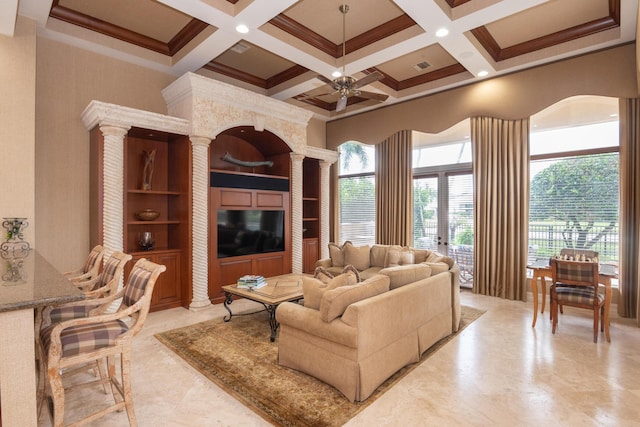 123 Grand Palm Way, Palm Beach Gardens, FL 33418 - living area featuring ornate columns, a high ceiling, coffered ceiling, beam ceiling, and a ceiling fan
