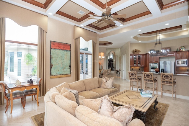 123 Grand Palm Way, Palm Beach Gardens, FL 33418 - living area with a chandelier, ceiling fan, crown molding, coffered ceiling, and beam ceiling