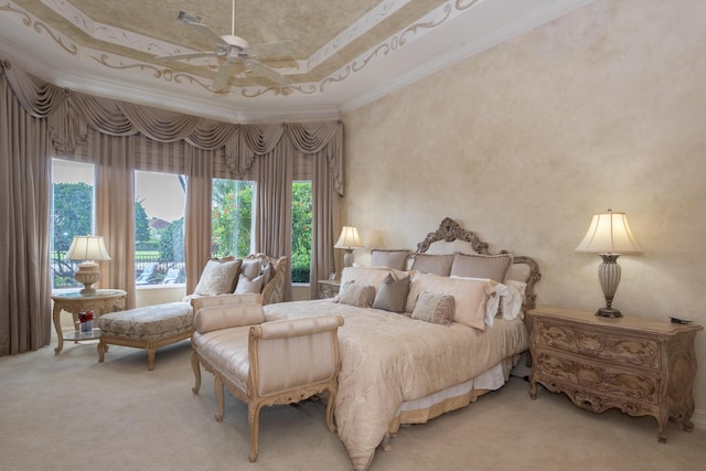 123 Grand Palm Way, Palm Beach Gardens, FL 33418 - bedroom featuring crown molding, a raised ceiling, light colored carpet, and ceiling fan