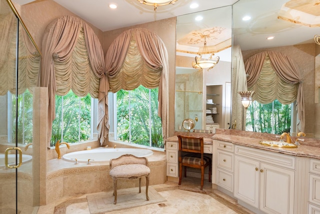 123 Grand Palm Way, Palm Beach Gardens, FL 33418 - full bathroom featuring vanity, a bath, recessed lighting, and a stall shower