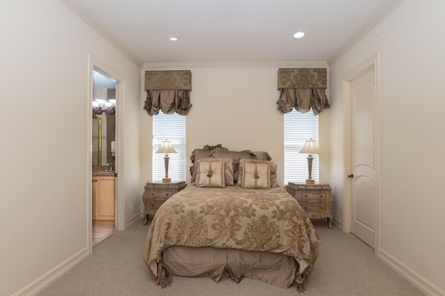 123 Grand Palm Way, Palm Beach Gardens, FL 33418 - bedroom featuring ornamental molding, multiple windows, light carpet, baseboards, and recessed lighting