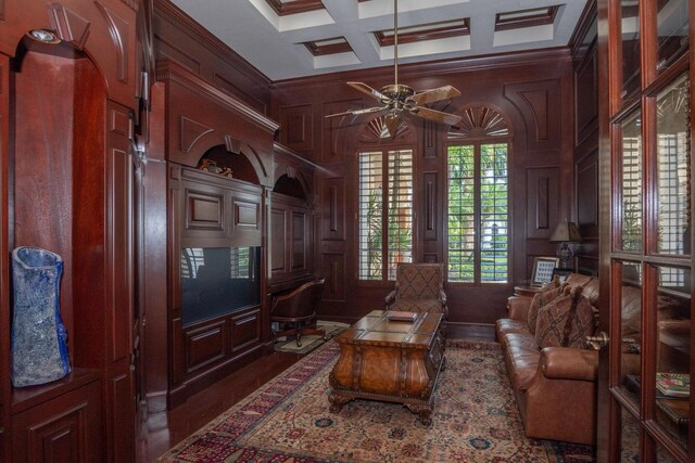 123 Grand Palm Way, Palm Beach Gardens, FL 33418 - living area with coffered ceiling, ornamental molding, wood finished floors, ceiling fan, and beam ceiling