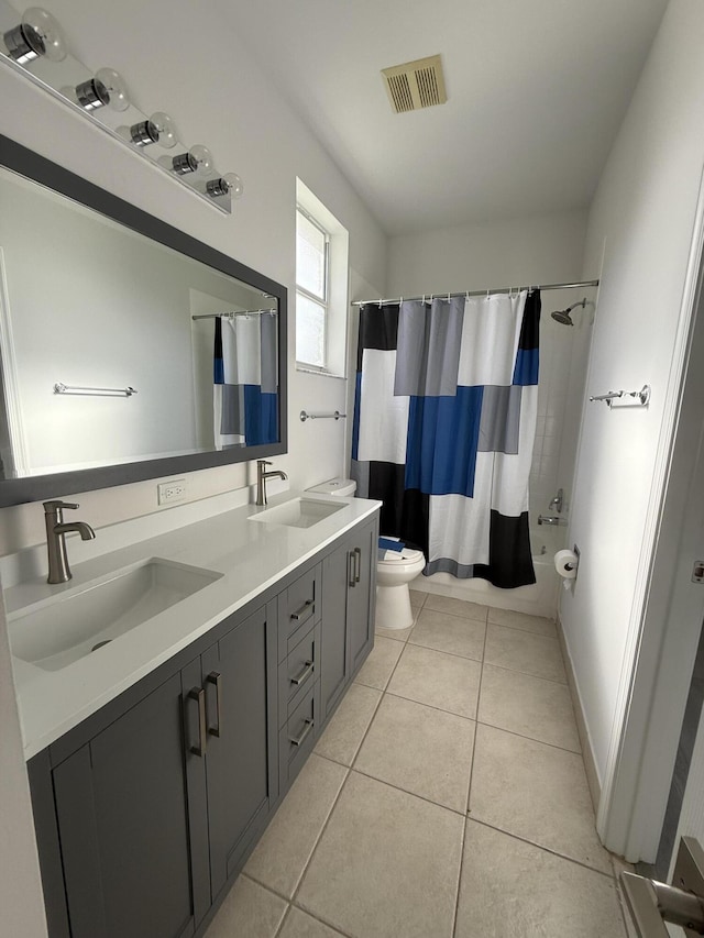 9360 Cove Point Cir, Boynton Beach, FL 33472 - bathroom with double vanity, shower / bath combo with shower curtain, and tile patterned floors