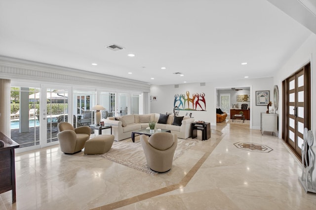 3765 Canterbury Ct, Boca Raton, FL 33434 - living room with marble tiled floors, french doors, recessed lighting, and a ceiling fan