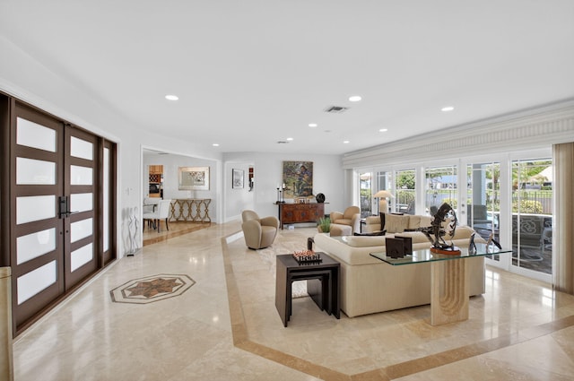 3765 Canterbury Ct, Boca Raton, FL 33434 - living area featuring french doors, light marble finish flooring, and recessed lighting