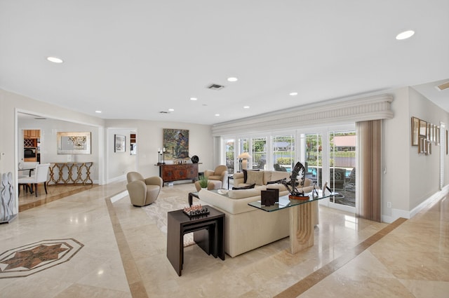 3765 Canterbury Ct, Boca Raton, FL 33434 - living room with inlaid floor details, light marble finish flooring, and recessed lighting