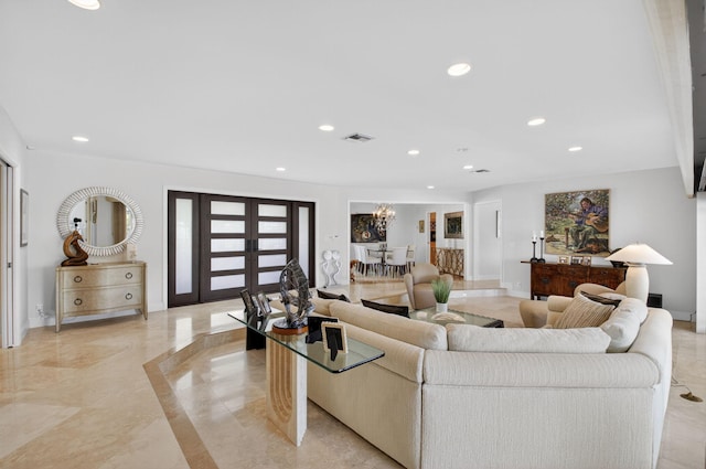 3765 Canterbury Ct, Boca Raton, FL 33434 - living area featuring light marble finish flooring, recessed lighting, and a chandelier