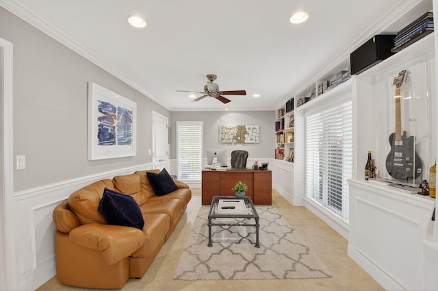 3765 Canterbury Ct, Boca Raton, FL 33434 - office with a decorative wall, crown molding, a ceiling fan, plenty of natural light, and a wainscoted wall