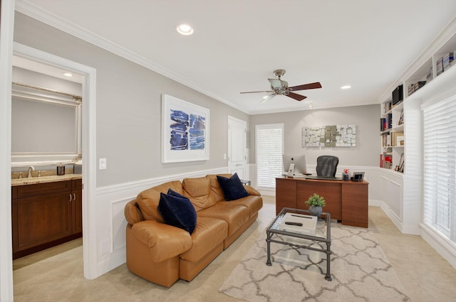 3765 Canterbury Ct, Boca Raton, FL 33434 - office area with crown molding, ceiling fan, a decorative wall, wainscoting, and recessed lighting