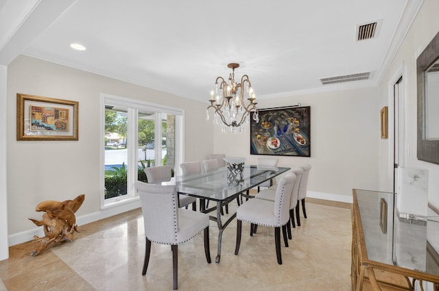 3765 Canterbury Ct, Boca Raton, FL 33434 - dining area with a chandelier, ornamental molding, recessed lighting, and light tile patterned floors