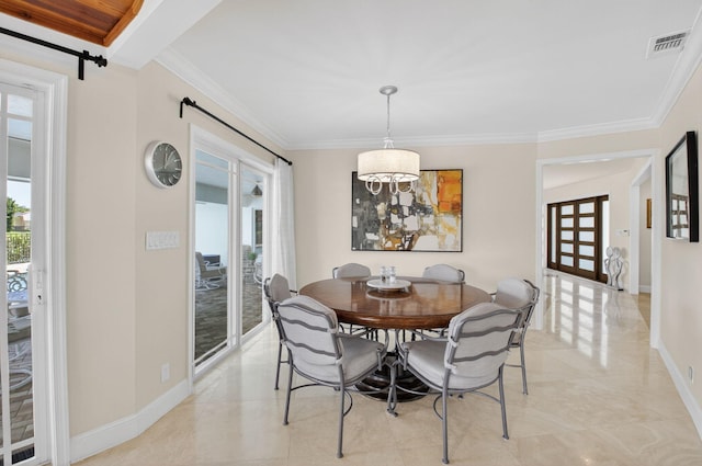 3765 Canterbury Ct, Boca Raton, FL 33434 - dining area featuring ornamental molding, a barn door, light tile patterned floors, and a chandelier